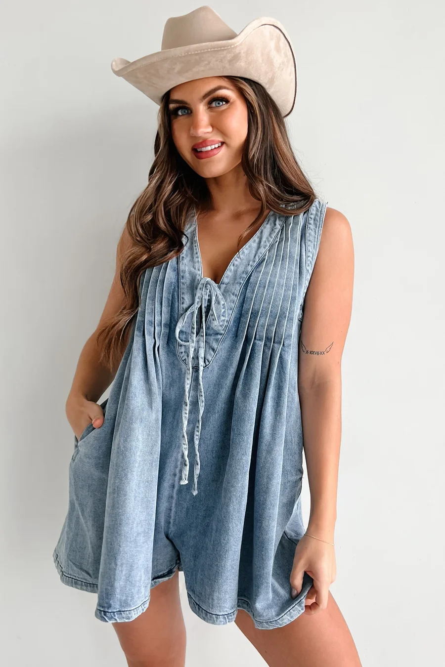 Denim Pleated Romper